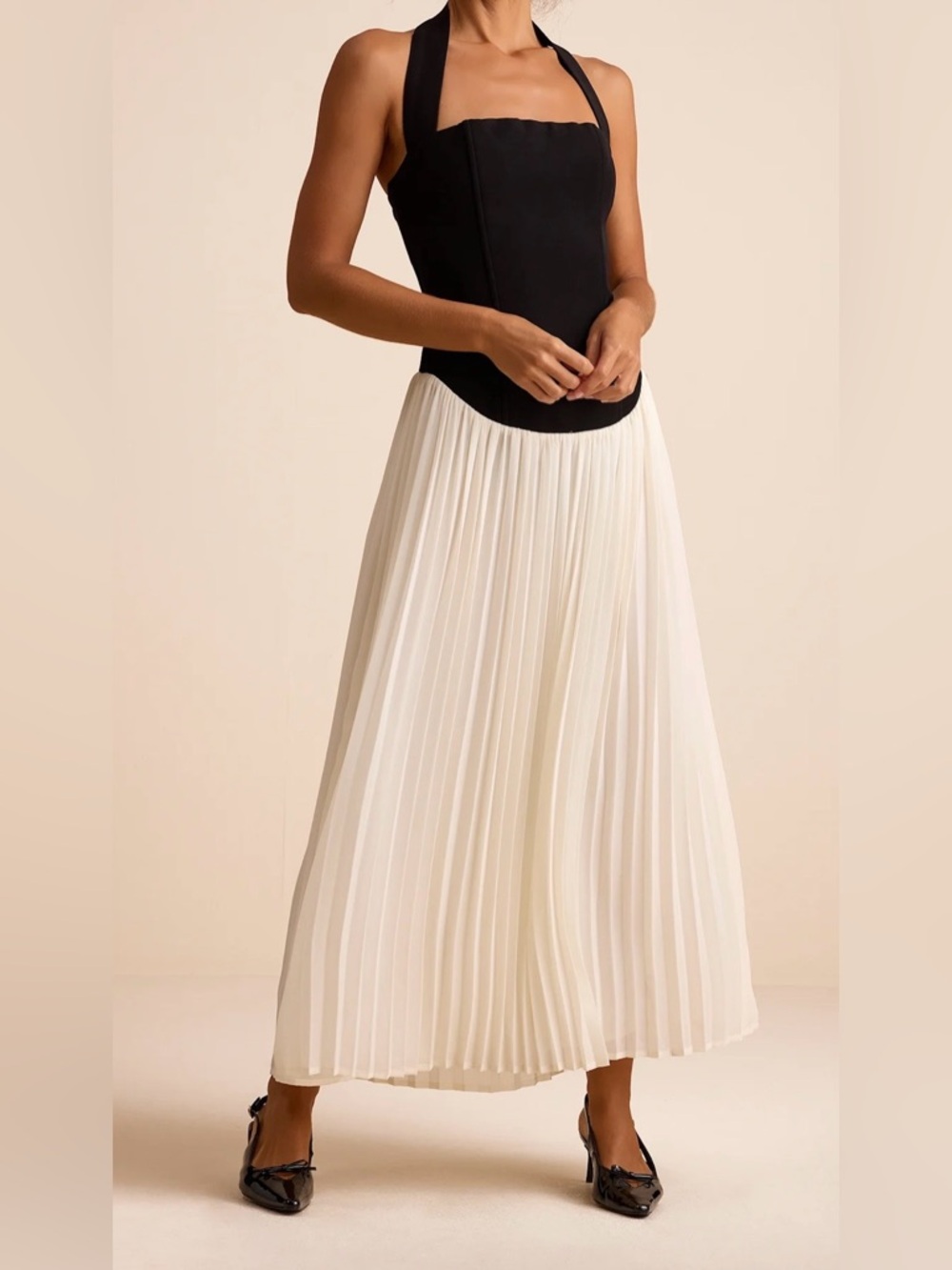 Lulus Suri Black & Ivory Mixed Media Halter Maxi Dress